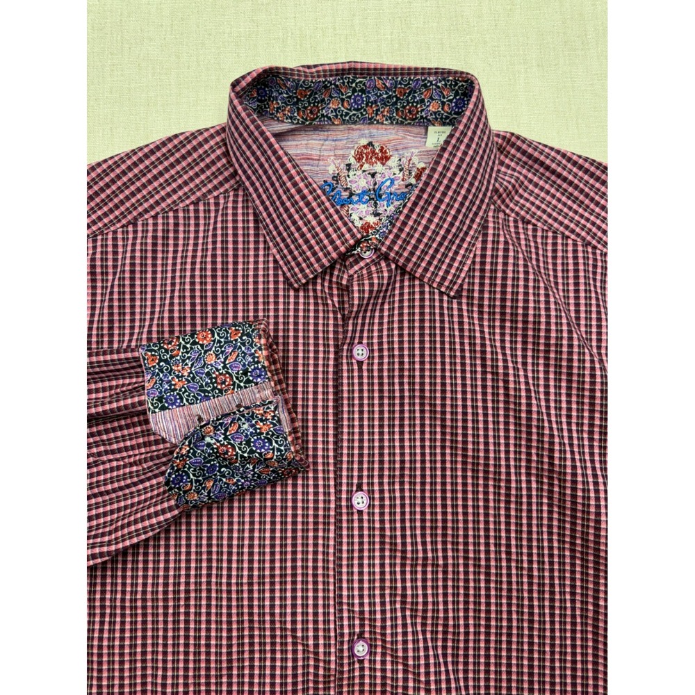 Robert Graham Mens L Classic Fit Pink Blue Check Floral Trim Button Down Shirt